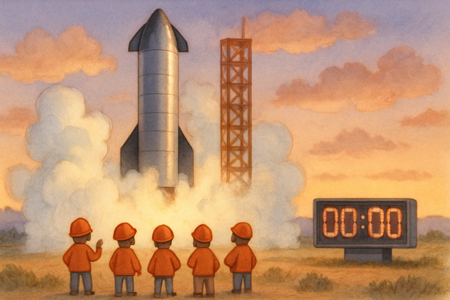 SpaceX Starship rocket on the launch pad surrounded by steam with engineers watching nearby
