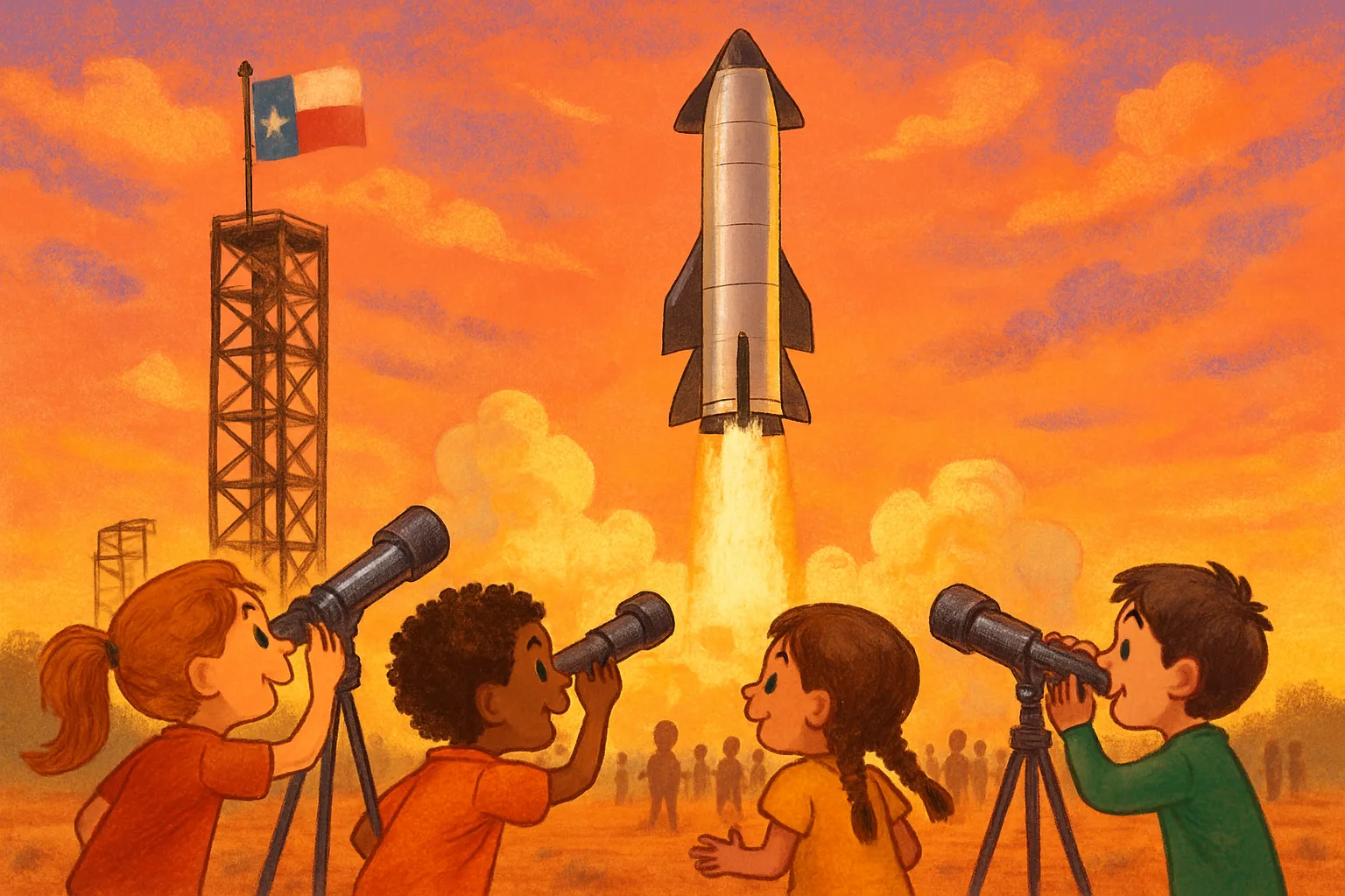 Illustration of SpaceX Starship rocket launching at sunset with excited children watching