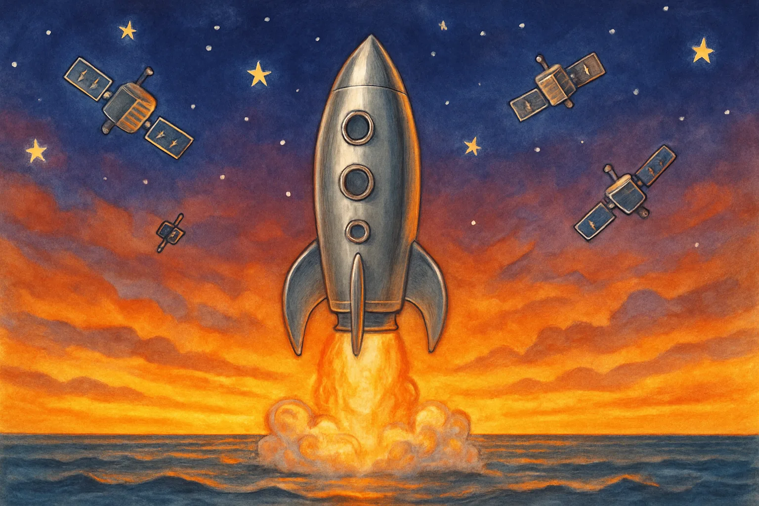 A tall silver Starship rocket launching at sunset, with 20 small satellites floating away in space above Earth