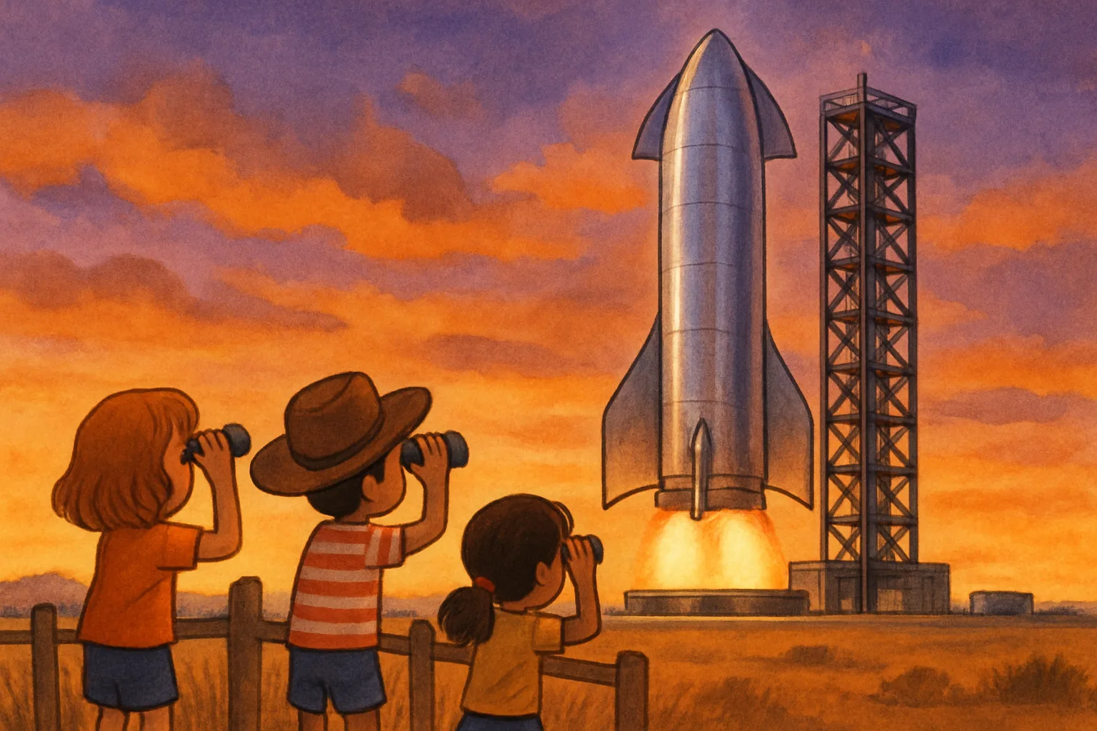 Illustration of SpaceX Starship rocket on launchpad at sunset ready for liftoff