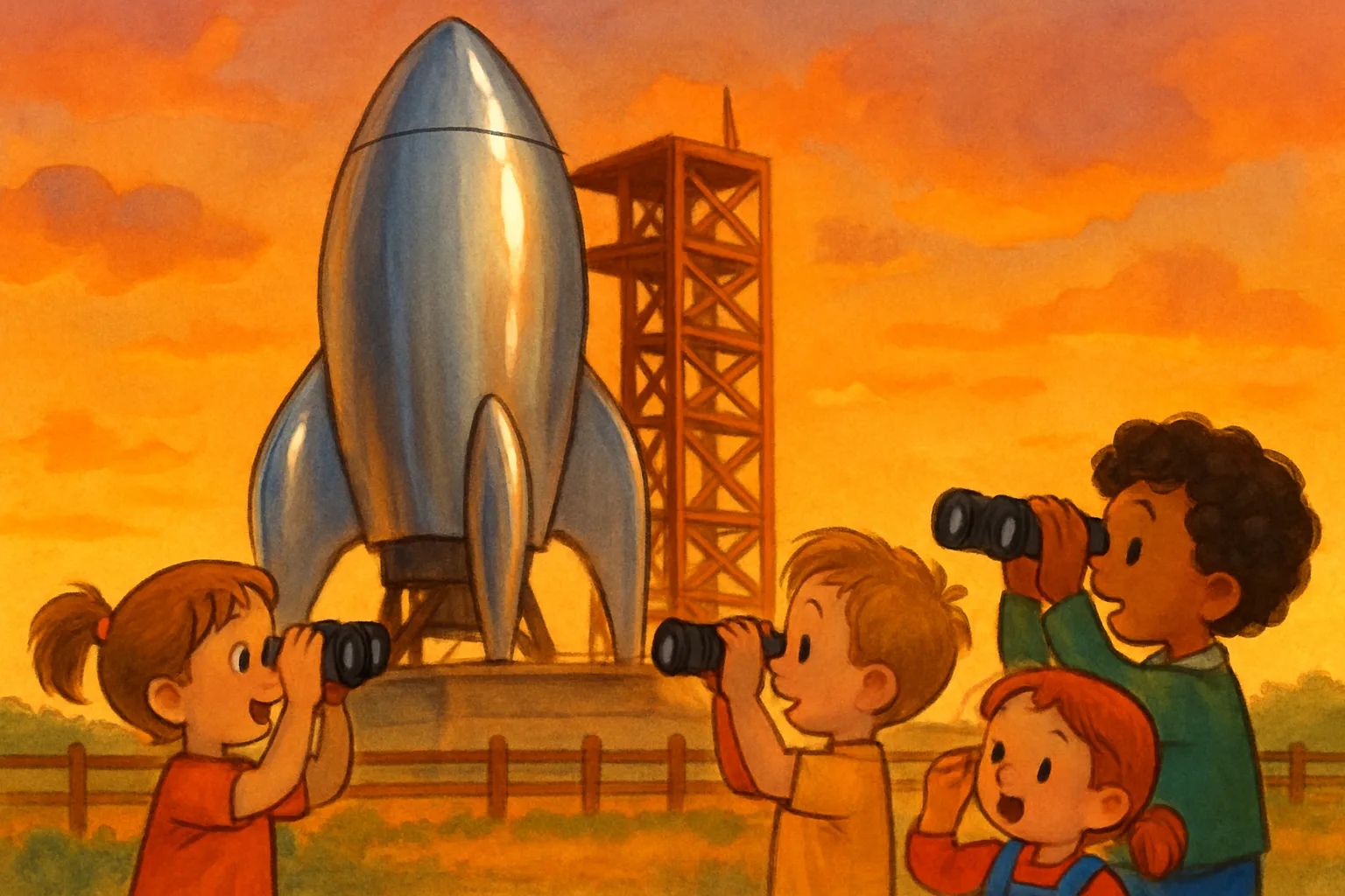 A giant silver Starship rocket on the launch pad at sunset, ready for liftoff