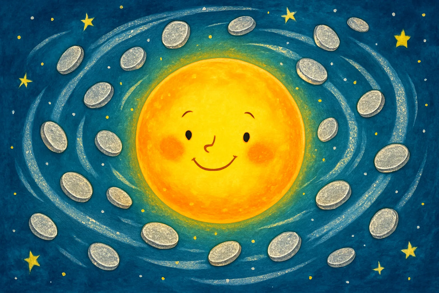 A bright illustrated Sun surrounded by sparkling silver streaks and stars in outer space