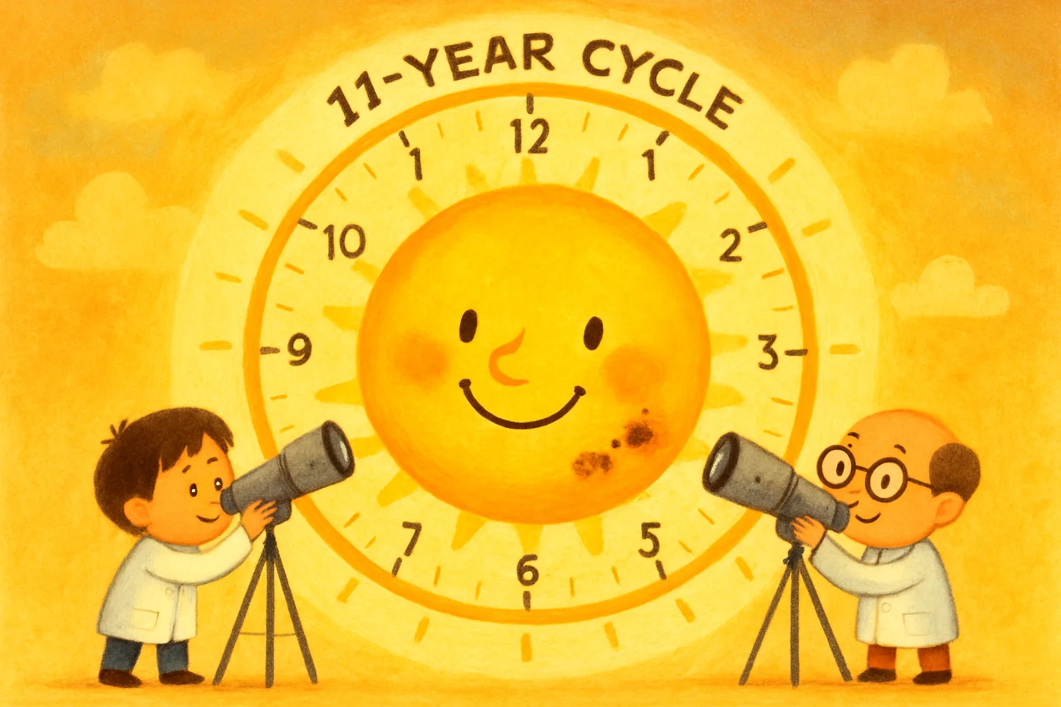 A cartoon Sun with a cycle clock around it and tiny scientists with telescopes studying sunspot patterns