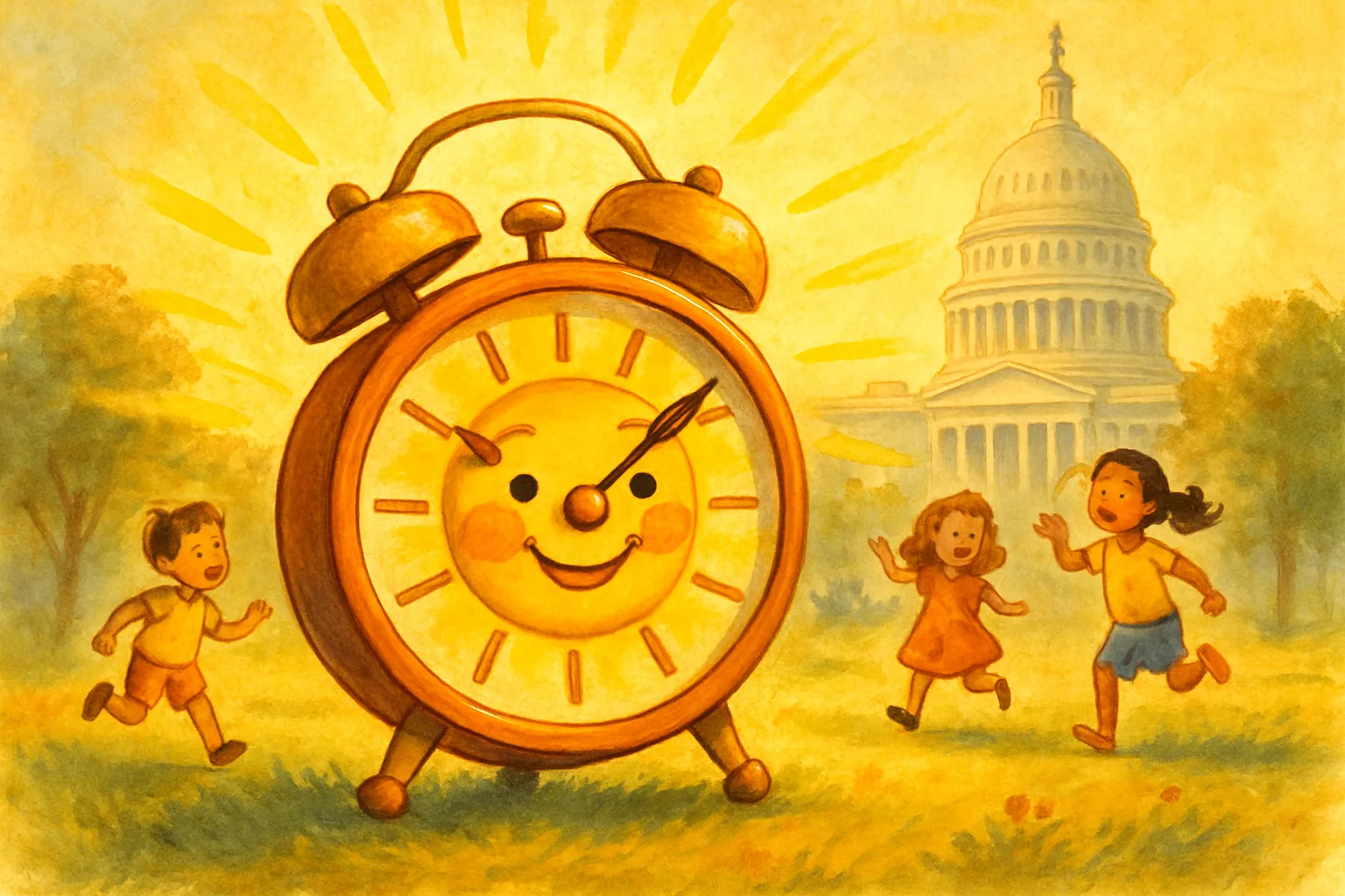 A smiling cartoon alarm clock surrounded by golden sunshine rays, with children playing outside in the bright evening, and a soft Capitol building in the background