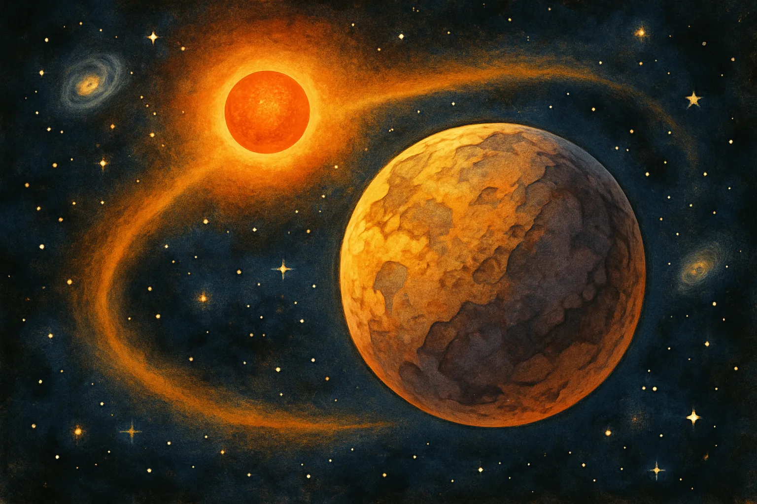 Illustration of the super-Earth GJ 3378b, a rocky planet orbiting a red dwarf star within its habitable zone