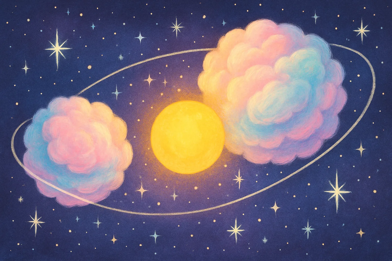 Illustration of two fluffy, cloud-like giant planets orbiting a bright star in space