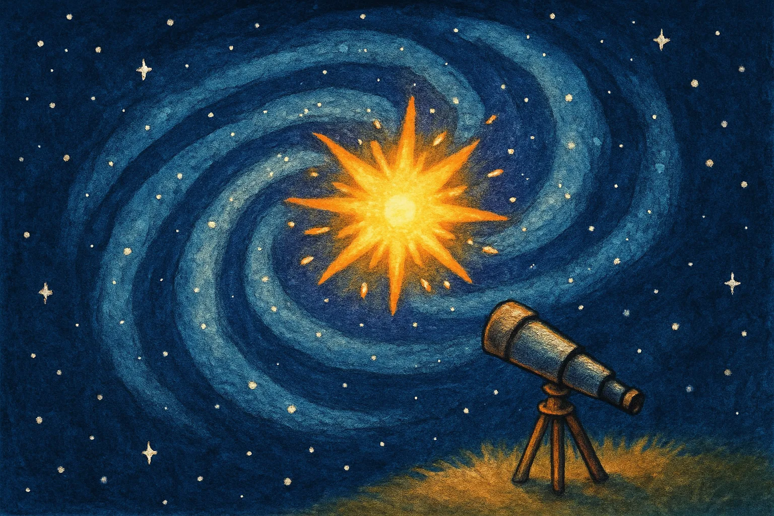 An illustrated exploding star glows bright gold in a swirling spiral galaxy with stars all around