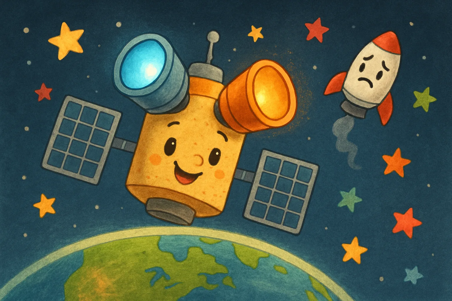 A friendly cartoon satellite with glowing telescopes orbits Earth surrounded by colorful stars