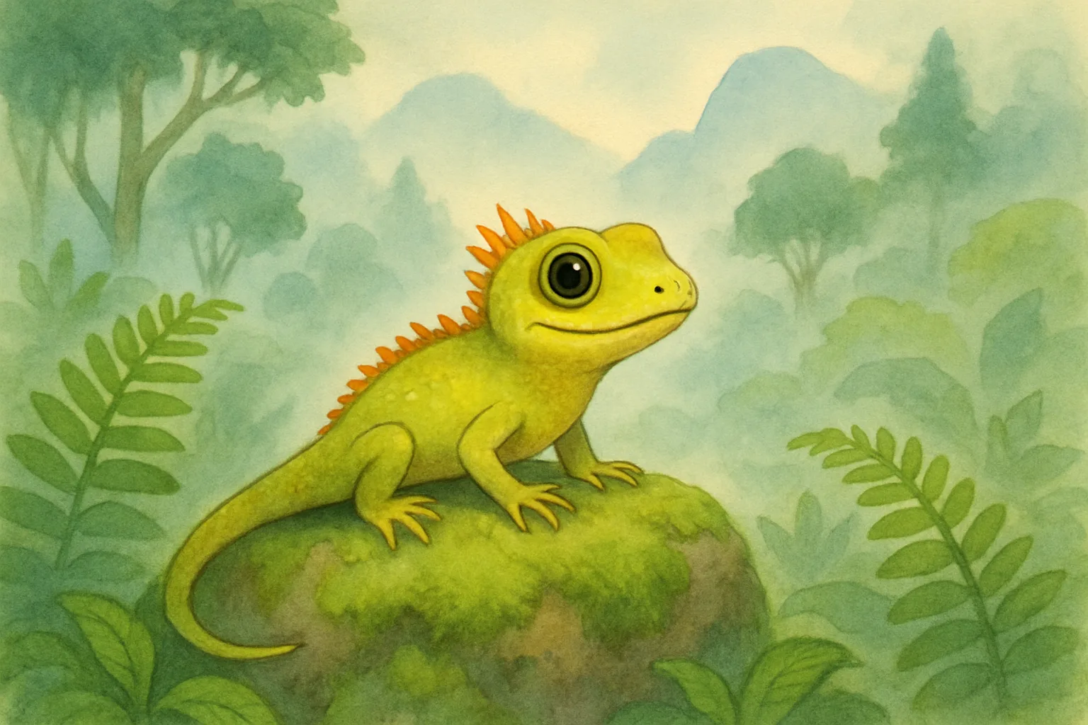 A small yellowish-green spiny mountain lizard perched on a mossy rock in a foggy Thai forest