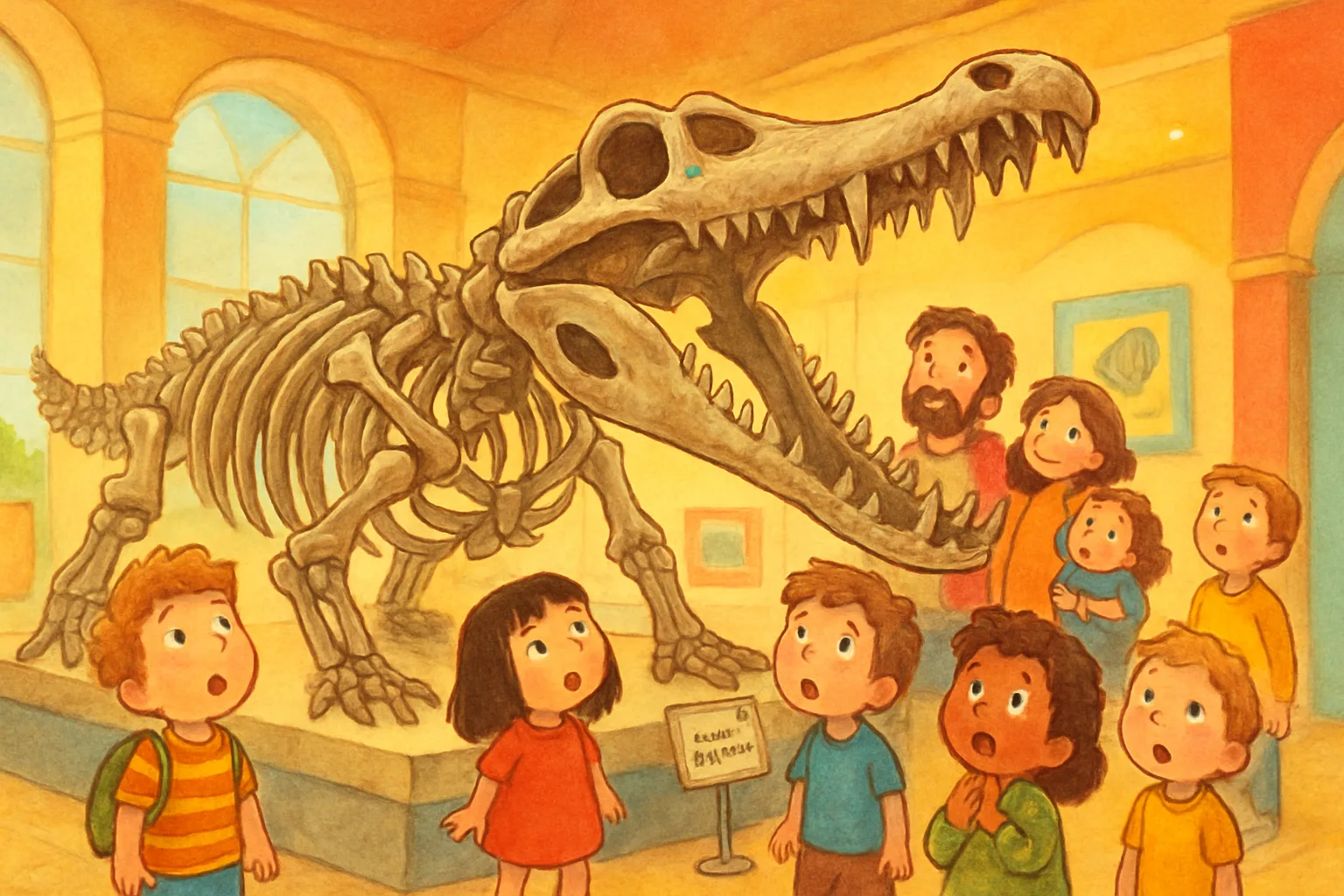 A massive ancient crocodile skeleton displayed in a museum with excited children looking up at it