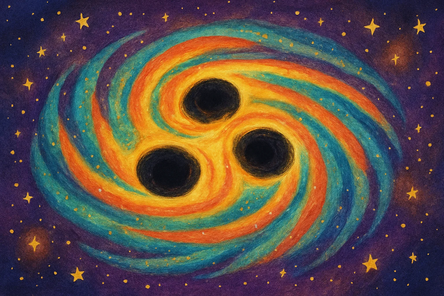 Illustration of a swirling distant galaxy containing three glowing black hole centers