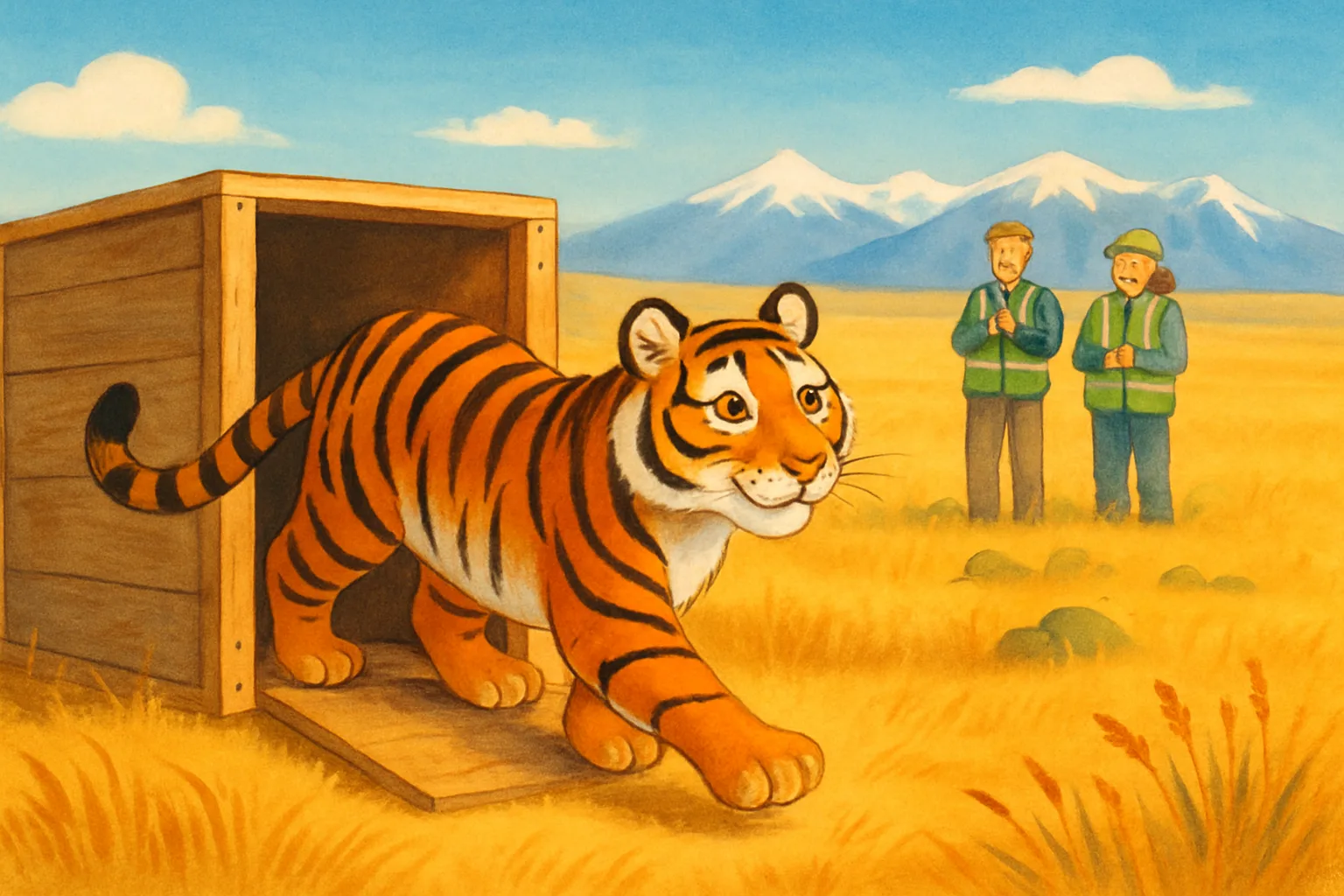 An Amur tiger stepping out into a wide open nature reserve in Kazakhstan as scientists watch with joy