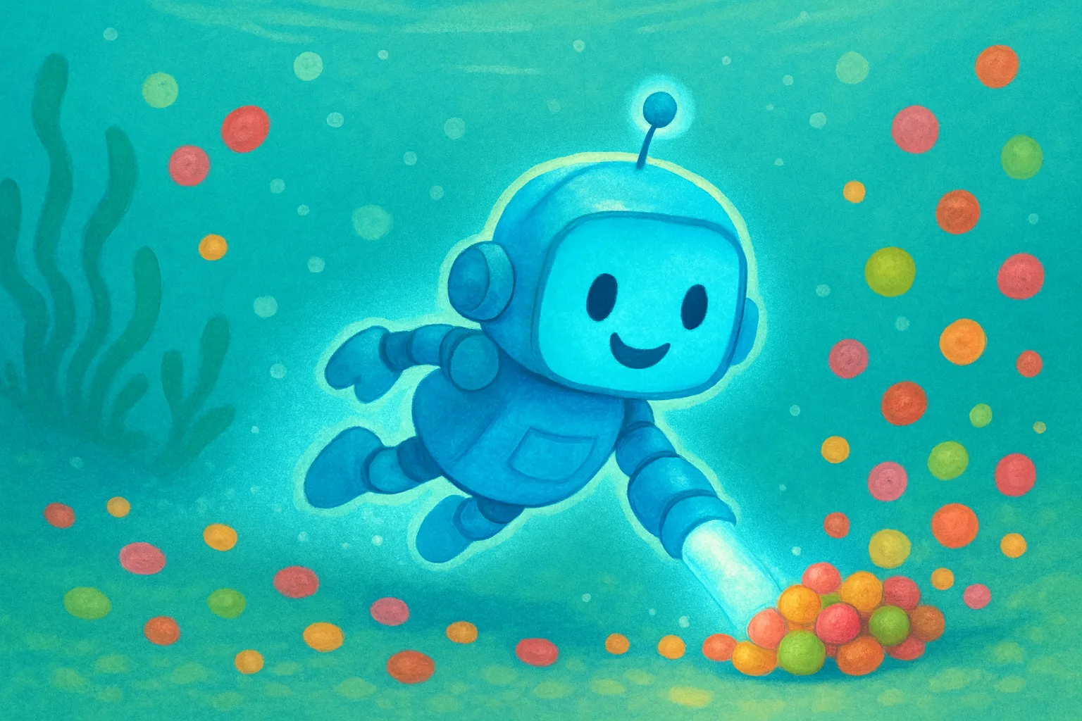 A tiny glowing nanorobot chasing bacteria through liquid, illustrated in a colorful children's book style