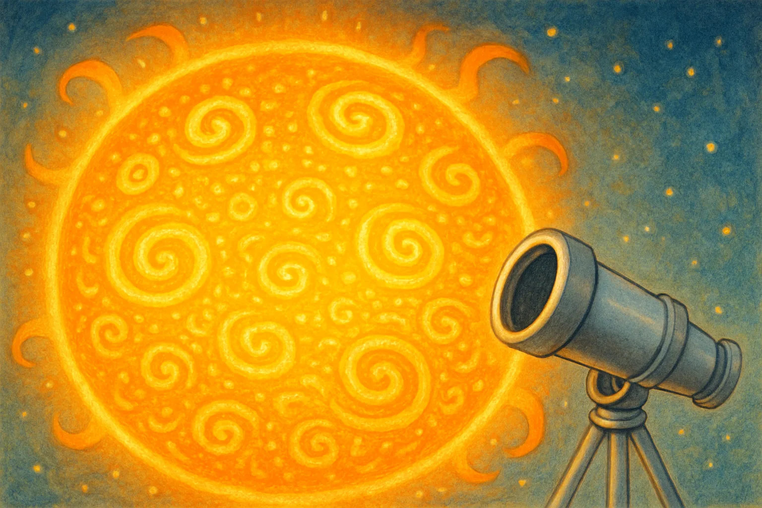 Illustration of tiny glowing whirlpools swirling across the surface of the Sun