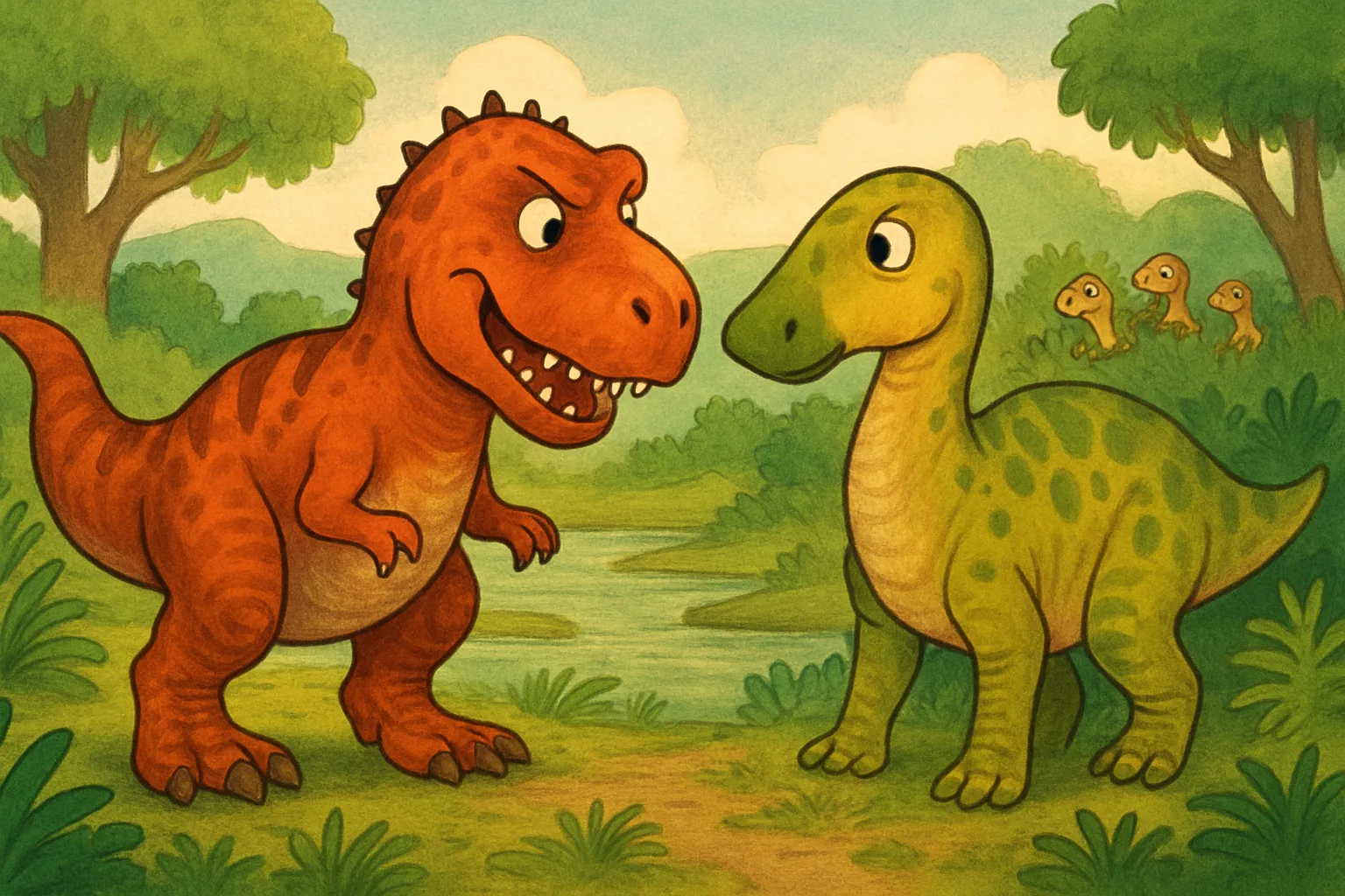 A T. Rex dinosaur facing a large duck-billed Edmontosaurus in an ancient Montana swamp, illustrated in a colorful children's book style