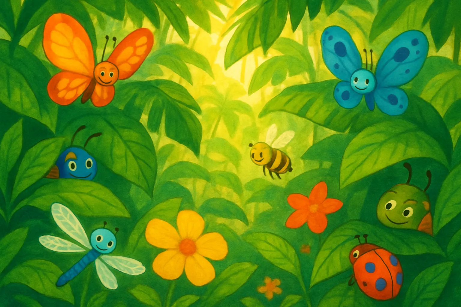 A bright tropical rainforest scene with colorful cartoon insects including butterflies, beetles, and dragonflies perched on giant green leaves and flowers