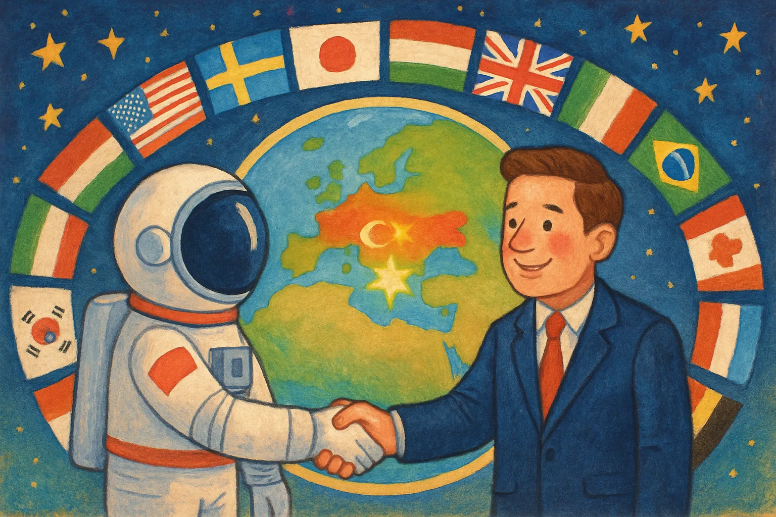 Illustration of a globe with Turkey highlighted and many national flags surrounding a friendly astronaut and diplomat under a starry sky