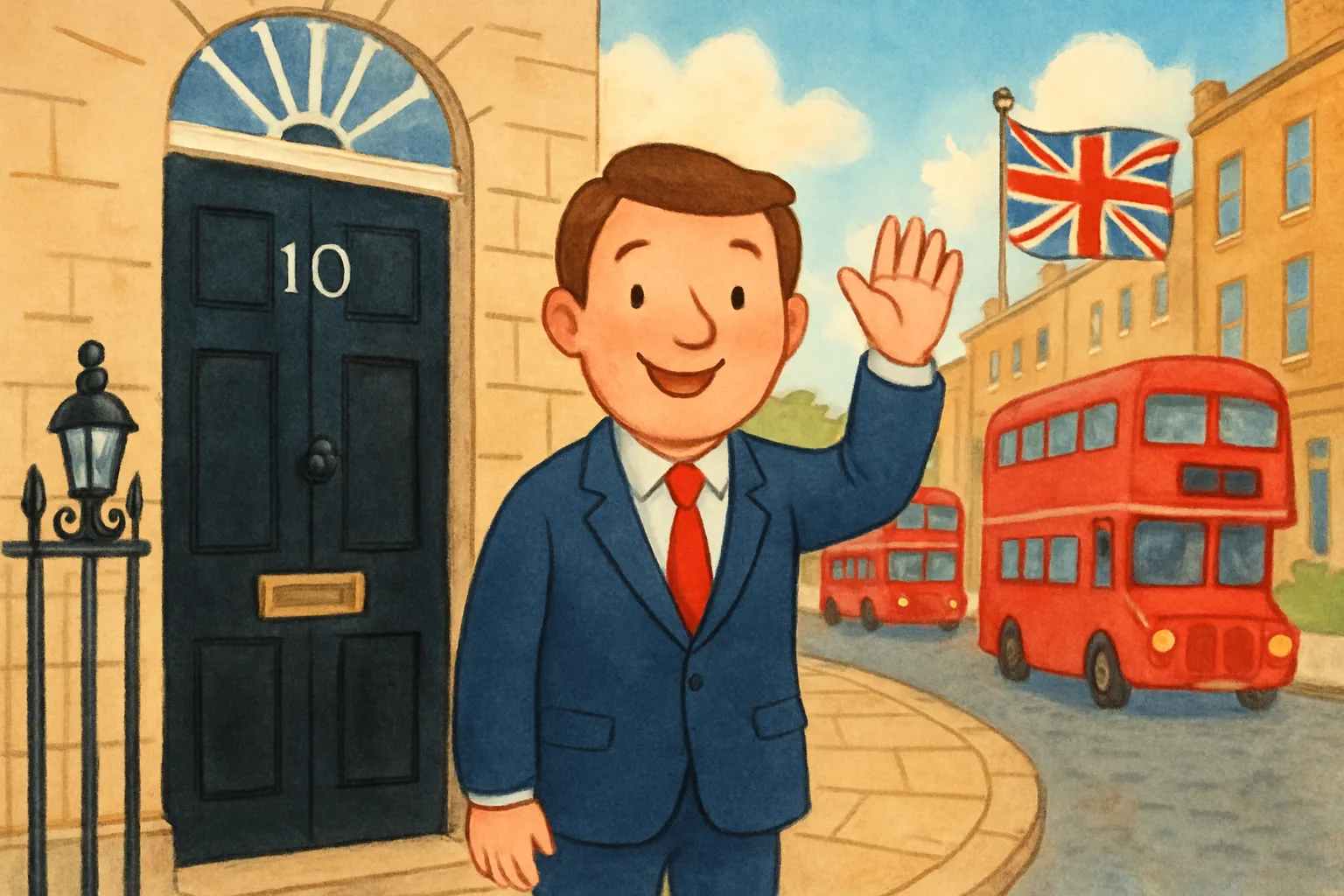 Cartoon of a smiling man waving outside 10 Downing Street with a British flag