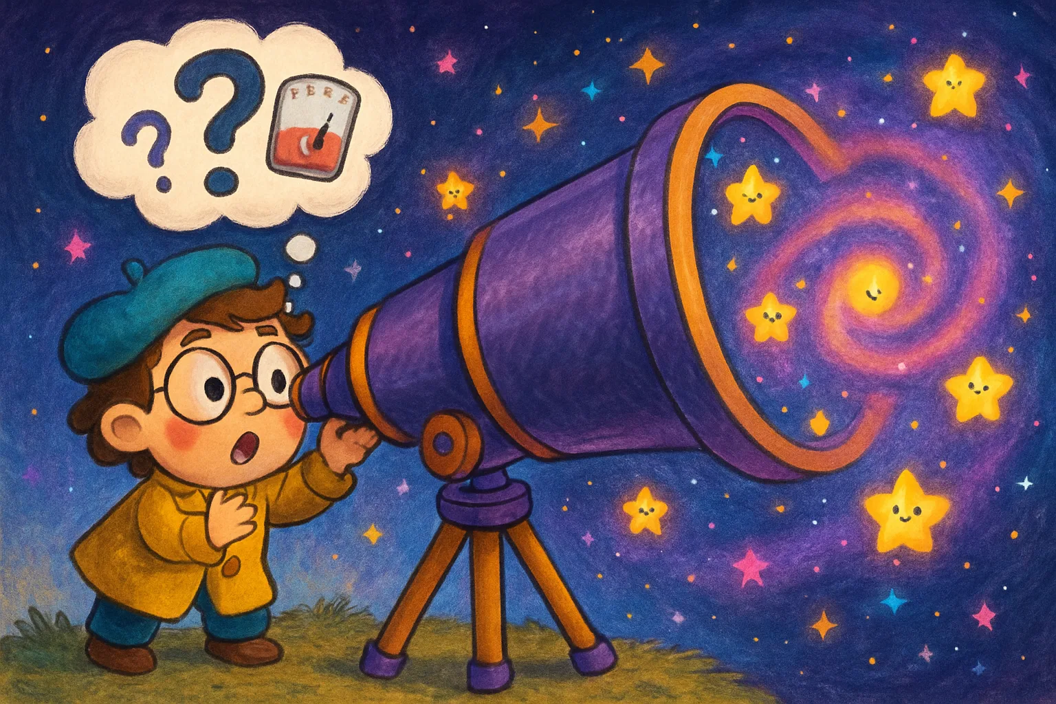 A cartoon astronomer looking through a telescope at a colourful galaxy full of baby stars