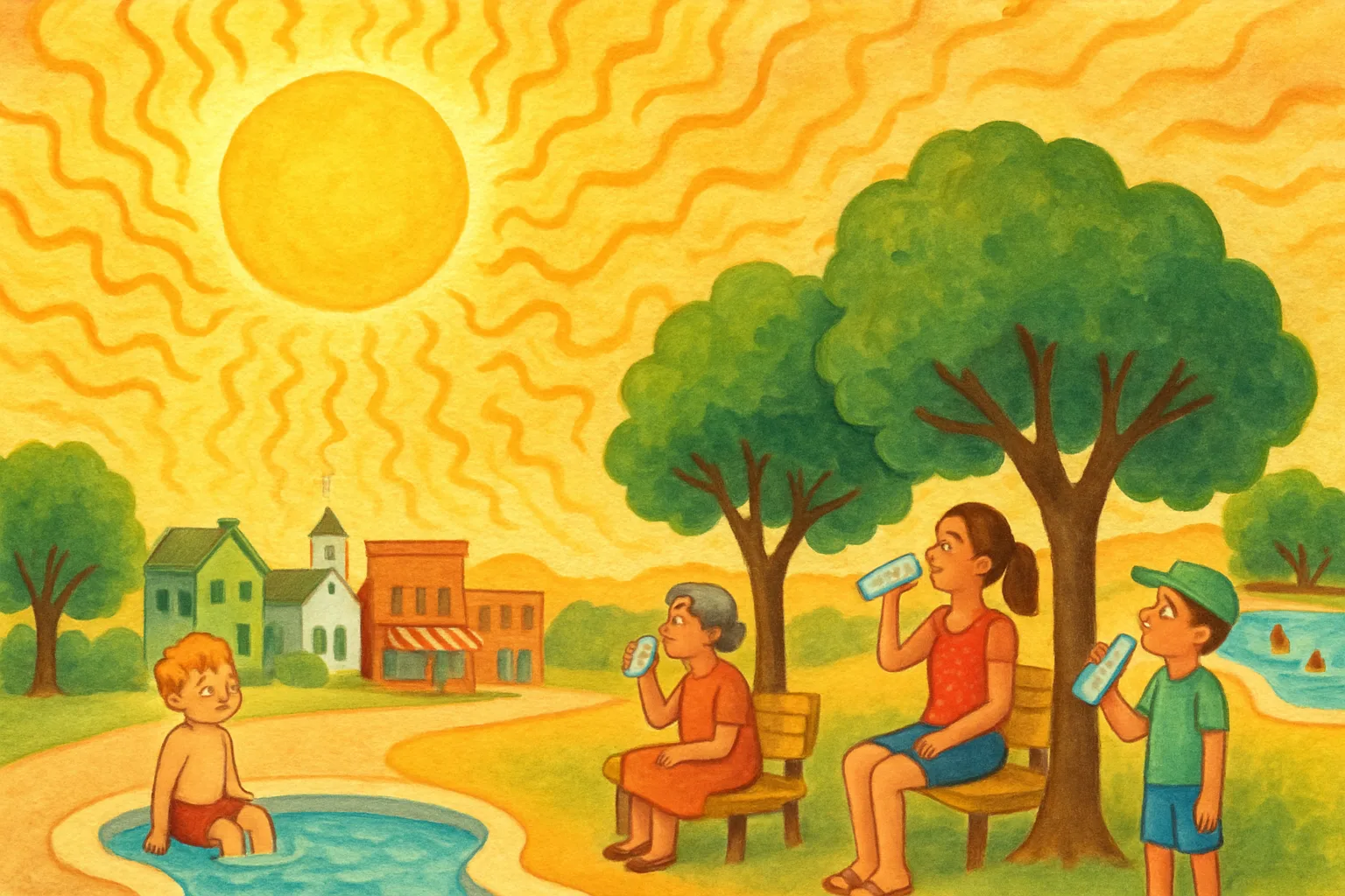 A sunny town baking under a heat dome with people finding cool spots in the shade