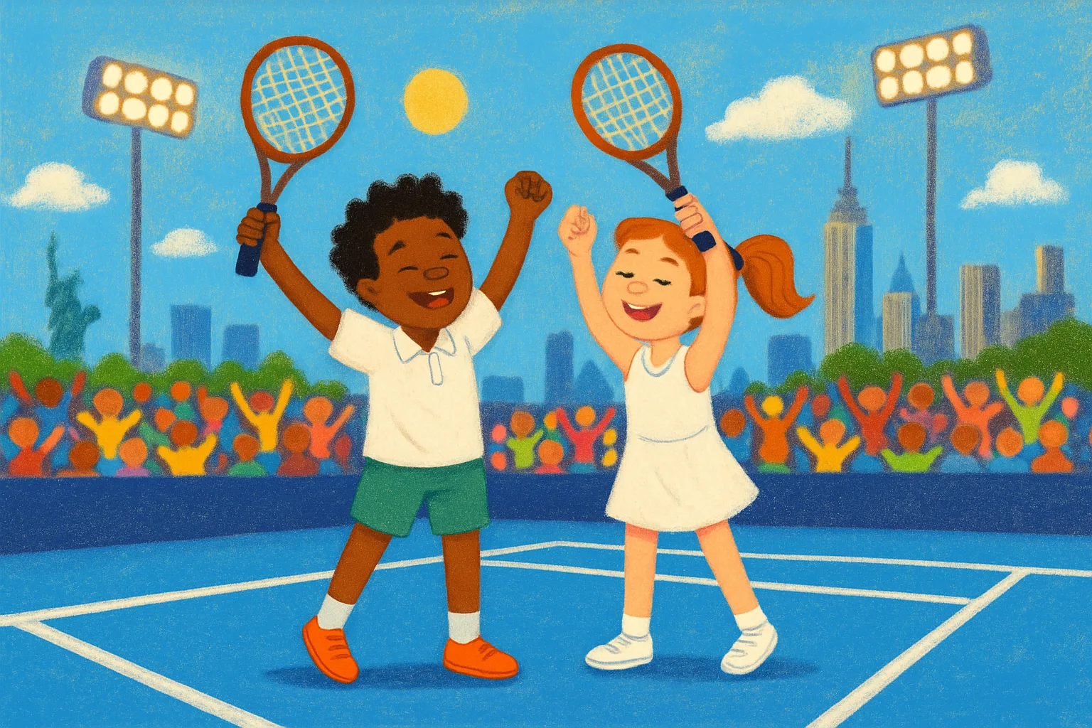 Two tennis players celebrating on a blue hard court with a cheering crowd