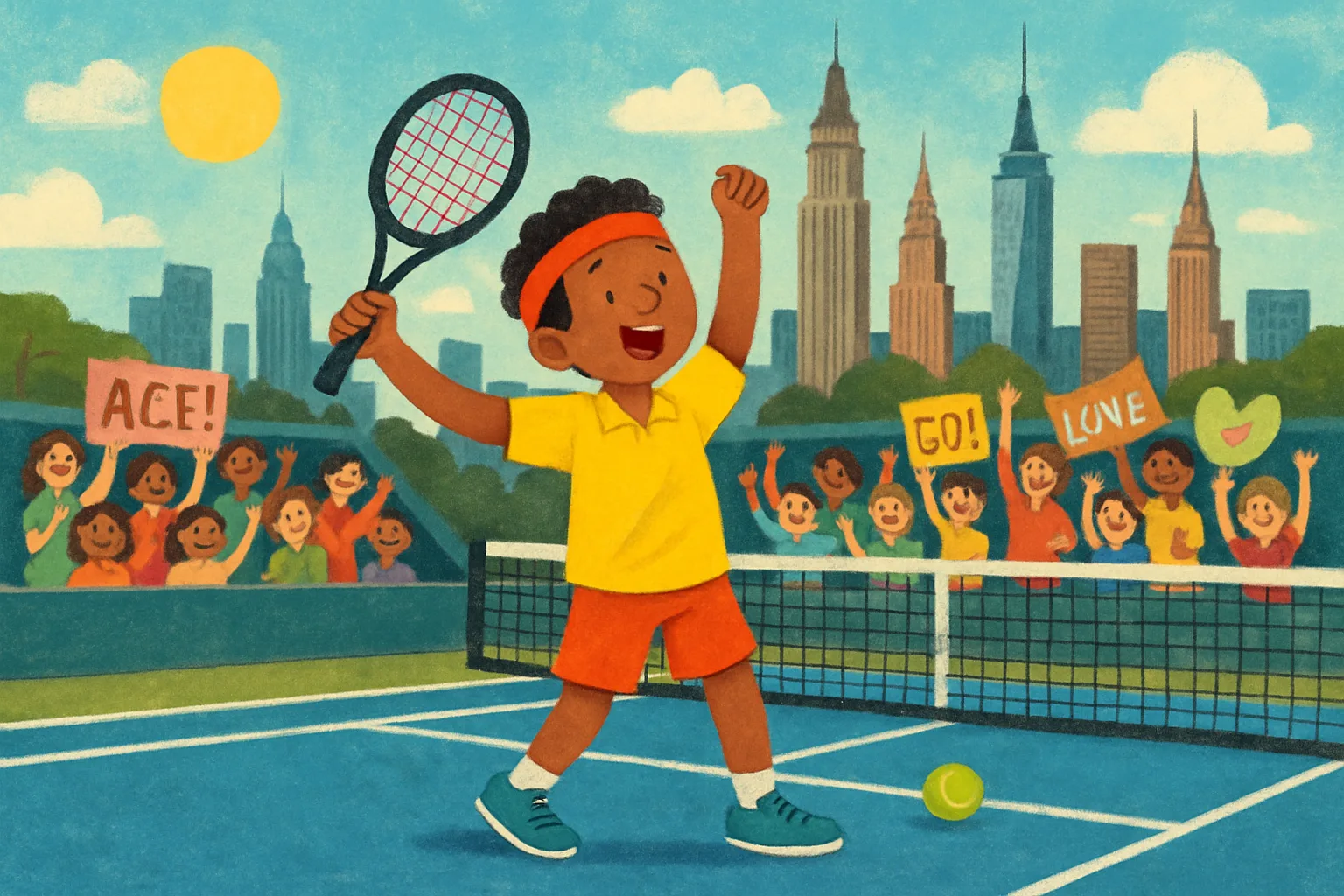 Illustrated tennis player celebrating on a blue hard court in New York City with cheering fans and the city skyline in the background