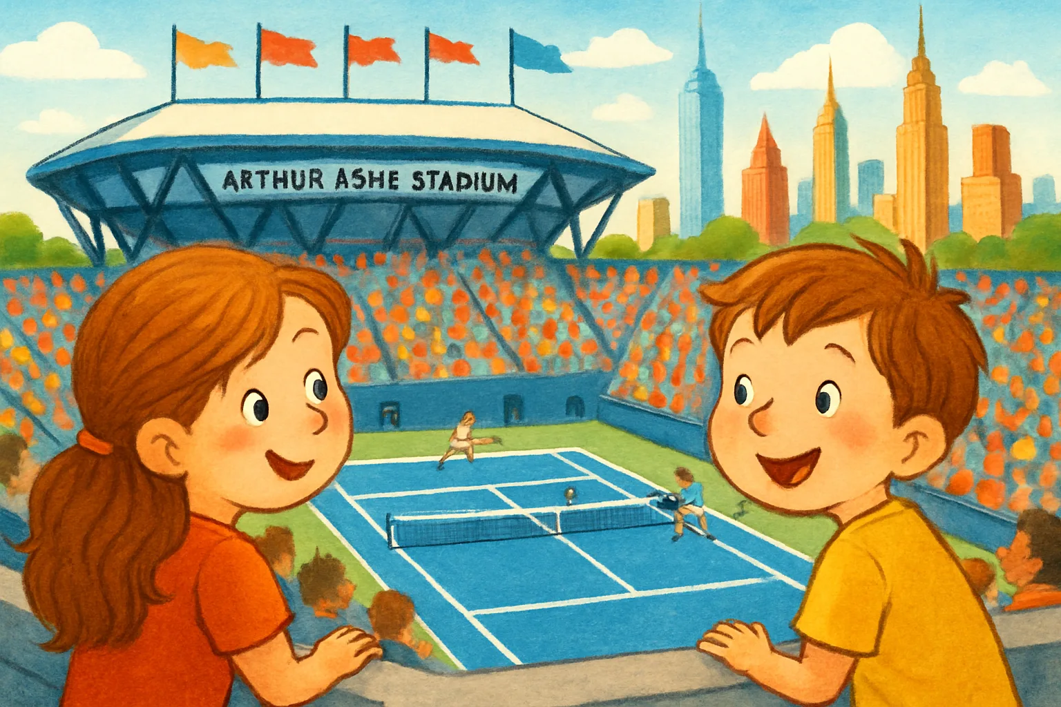 Children cheering at a tennis match inside Arthur Ashe Stadium in New York City with the city skyline visible