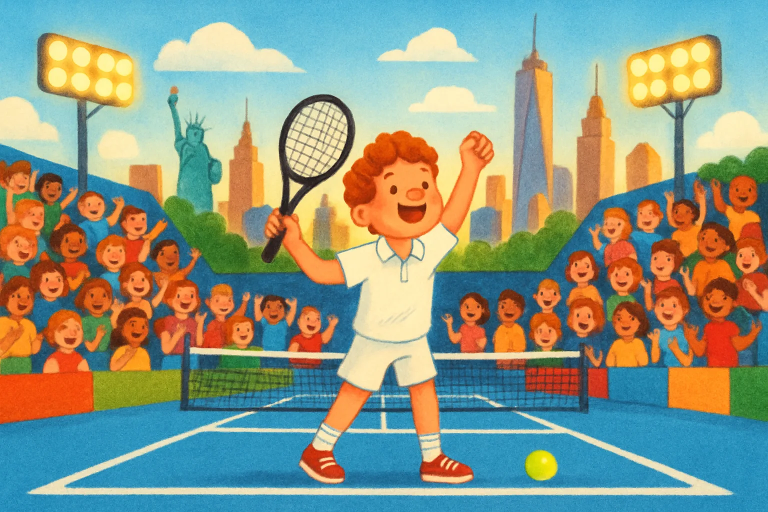 A cartoon tennis player celebrates a big win on a blue hard court under bright stadium lights with a cheering crowd