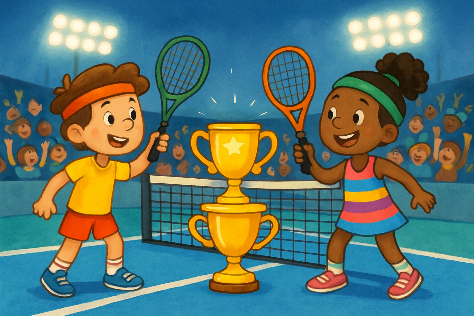 Two cartoon tennis players face each other on a bright blue court with a golden trophy at the net