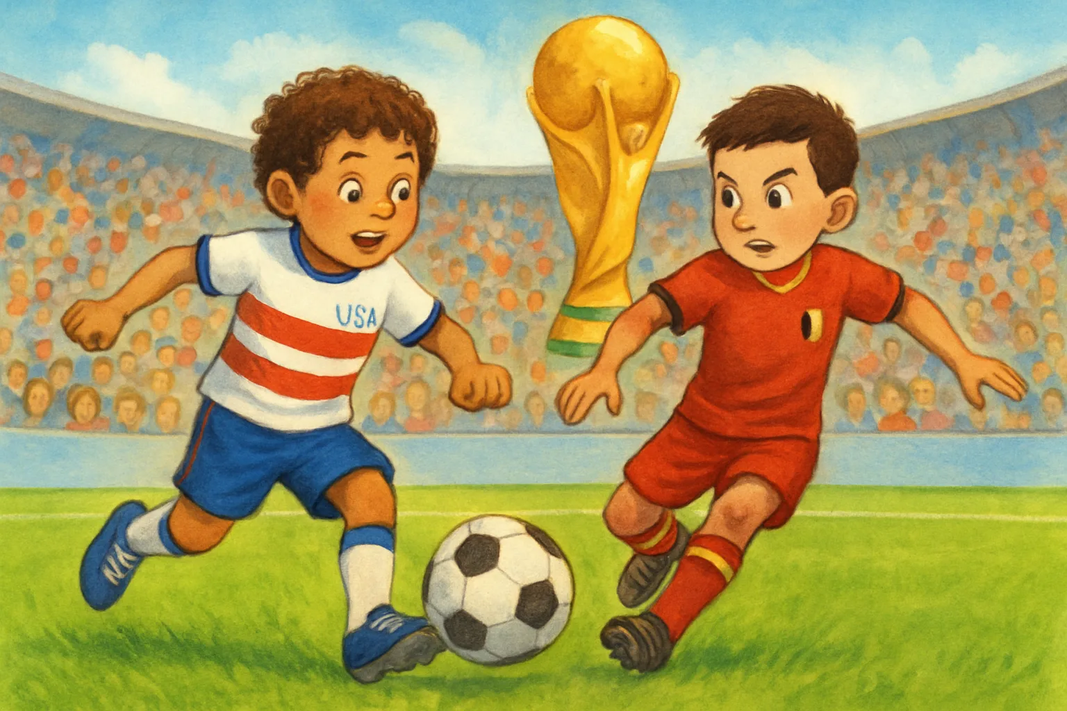 A USA soccer player and a Belgium soccer player competing for the ball in the 2026 World Cup