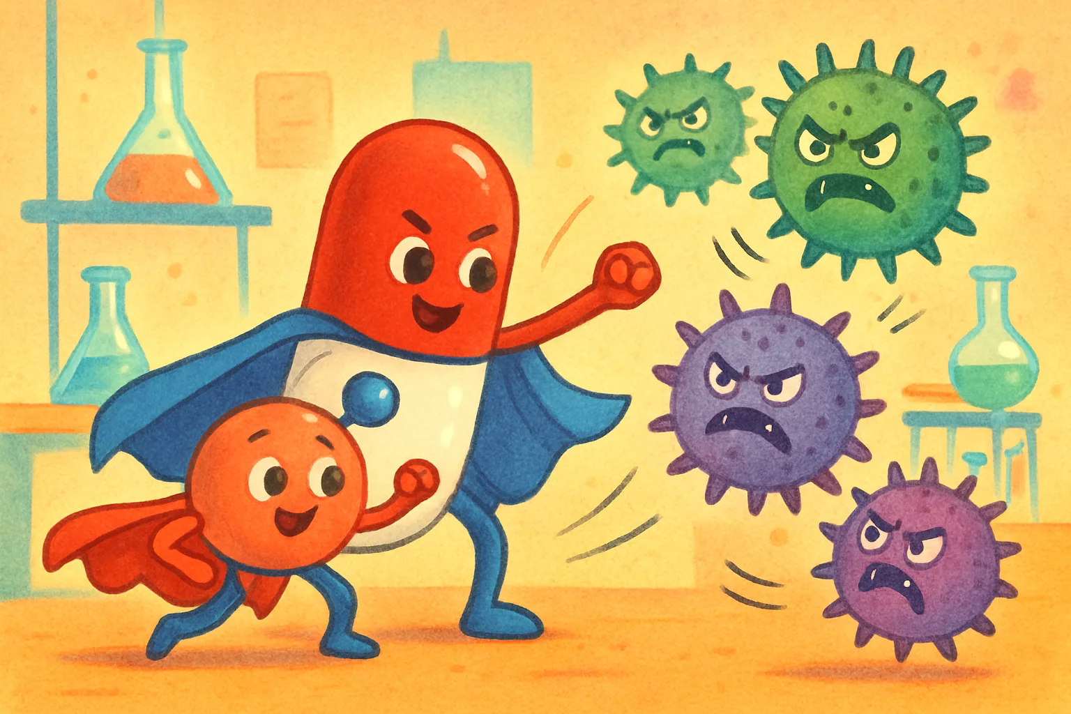 A cartoon superhero molecule teaming up with an antibiotic capsule to defeat spiky cartoon bacteria