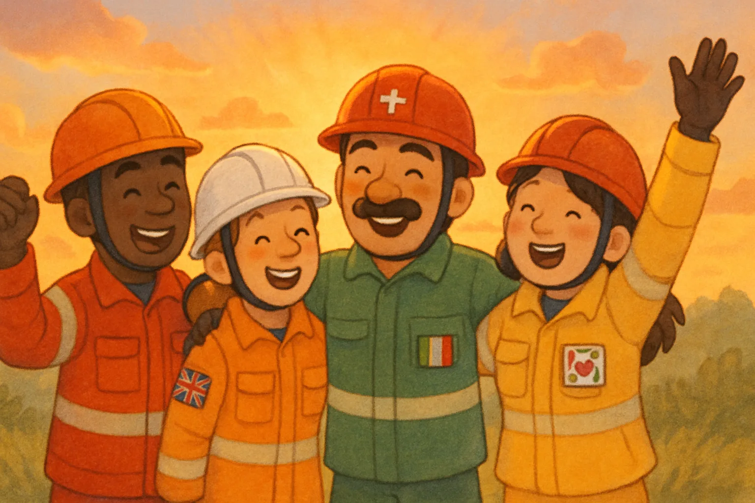 Illustration of rescue workers from different countries in helmets celebrating together at sunrise
