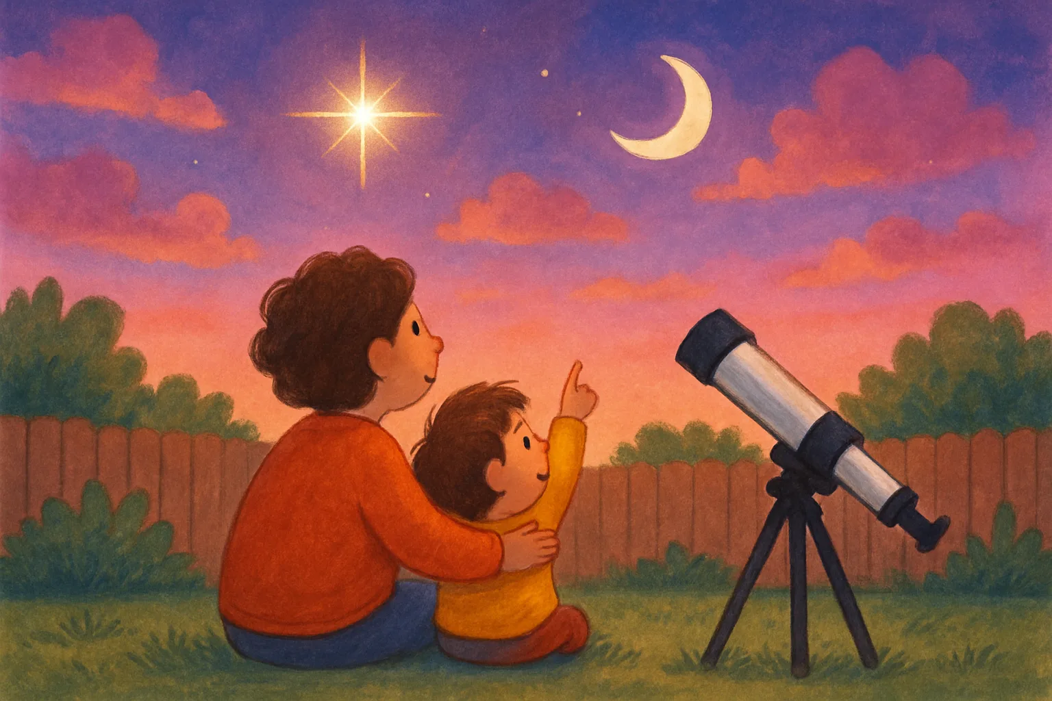 A child and parent looking at bright Venus in a colorful sunset sky with a crescent moon nearby