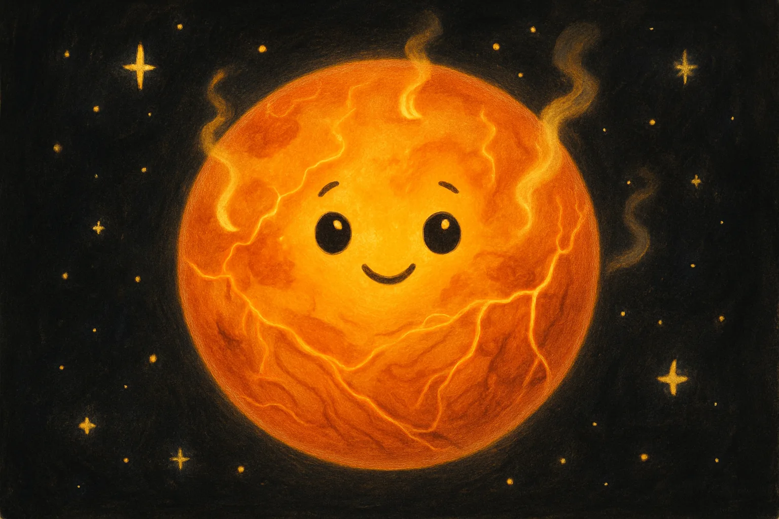 An illustrated planet Venus glowing in orange and yellow with giant cracks and rift valleys visible across its surface in outer space