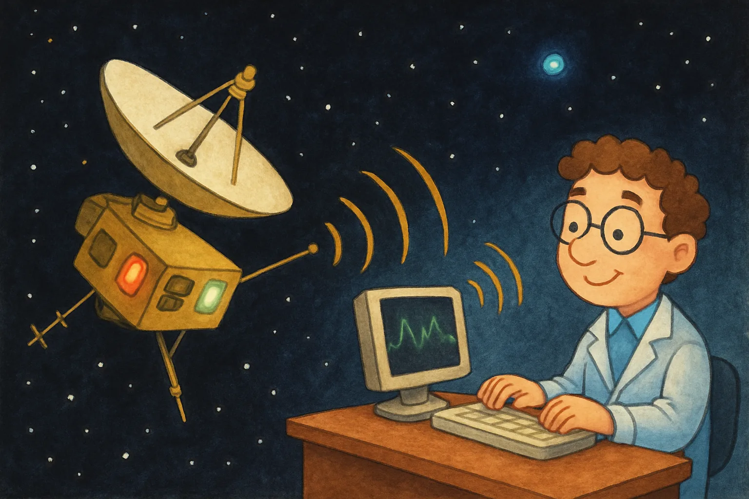 A golden spacecraft with a large antenna dish floating in deep starry space