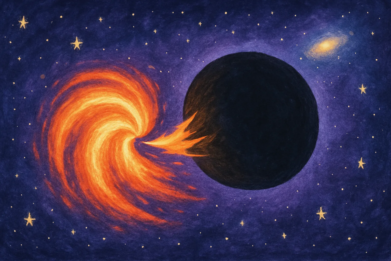A swirling orange star being torn apart by a dark black hole floating far from a distant glowing galaxy in a purple star-filled sky