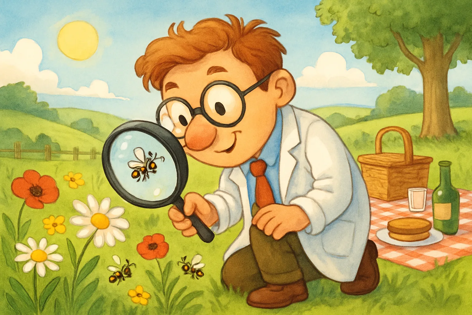 A friendly scientist searching for wasps at a summer picnic in the British countryside with a magnifying glass