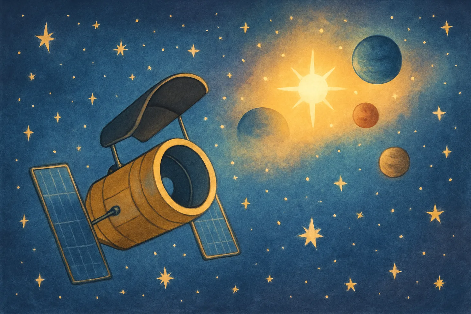 Illustration of Webb telescope finding a hidden planet in a dusty star system with three colorful planets