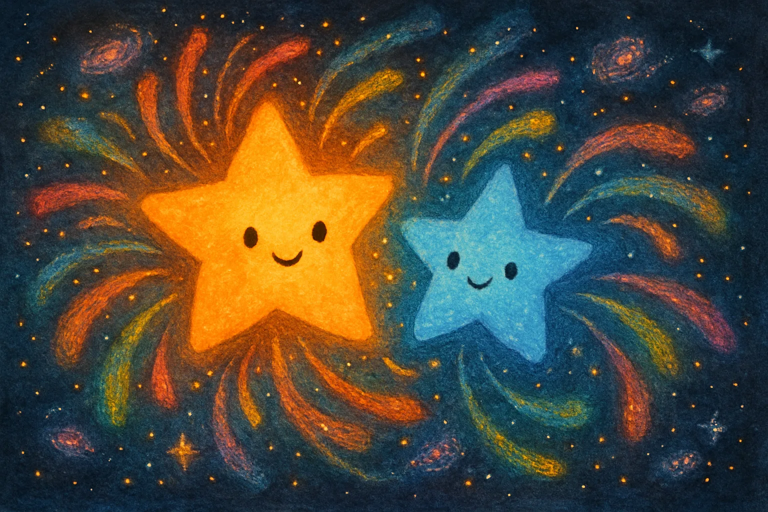 Illustration of baby stars in the FS Tau region shooting colorful jets of gas into space, resembling a fireworks display
