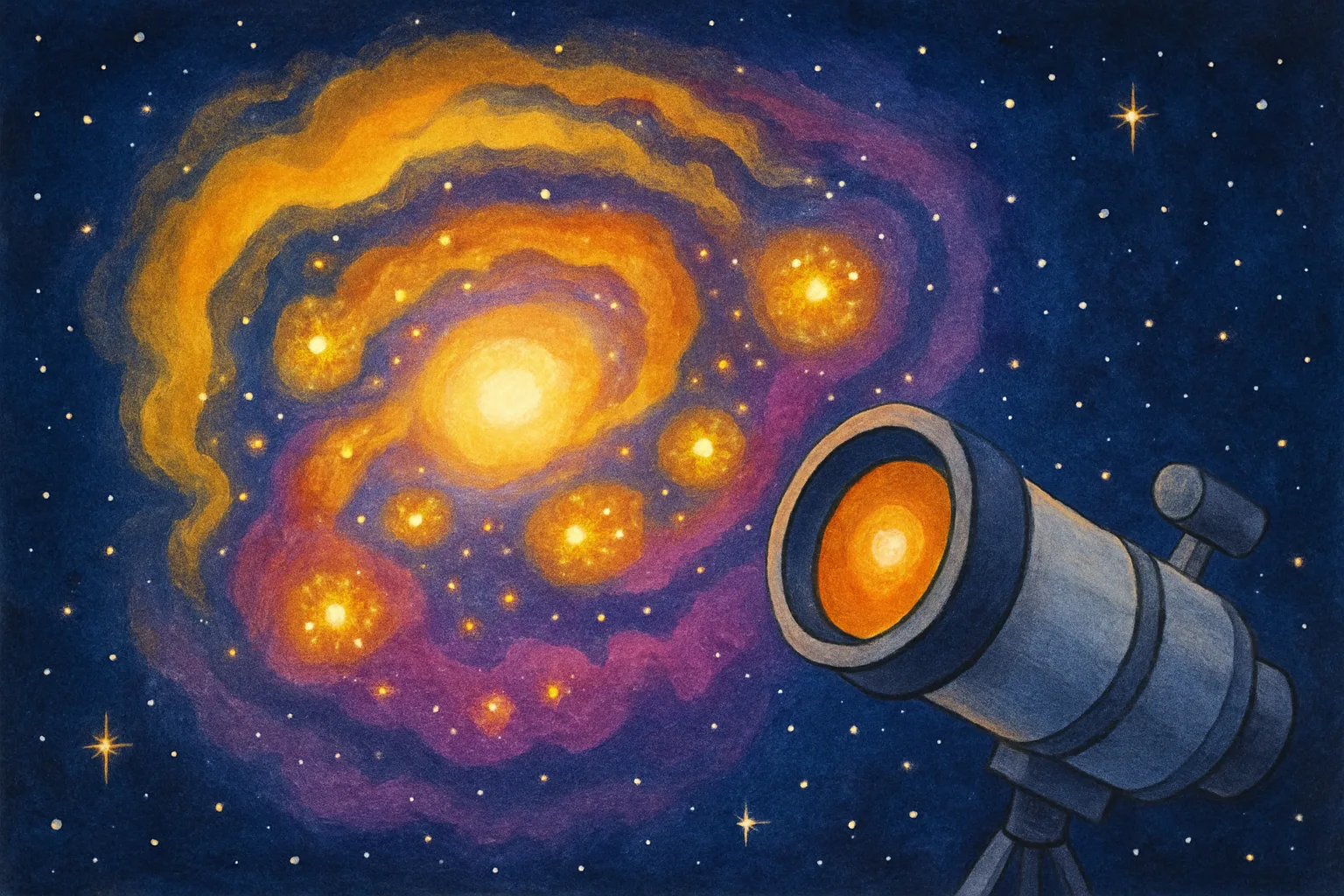 Colorful children's book illustration of the Centaurus A galaxy with glowing dust clouds and a bright active center