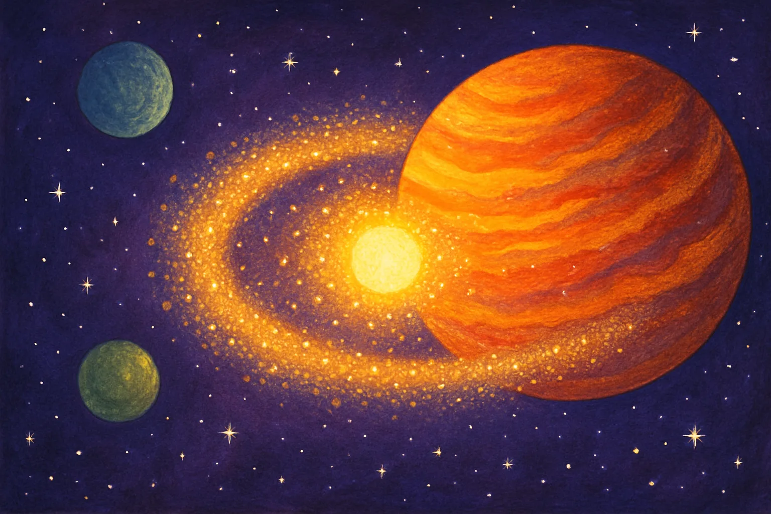 A giant planet hiding behind a glowing disk of cosmic dust around a distant star, with two other planets visible in the star system