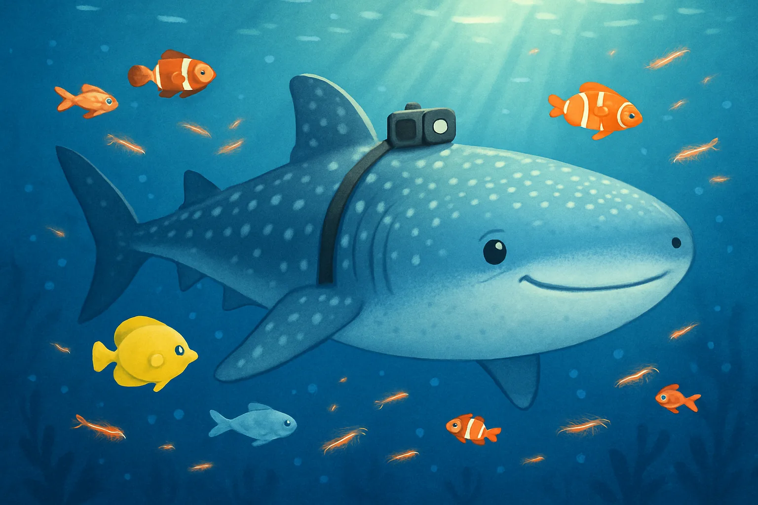 A friendly whale shark swimming underwater with a small camera attached to its back, surrounded by colorful ocean life