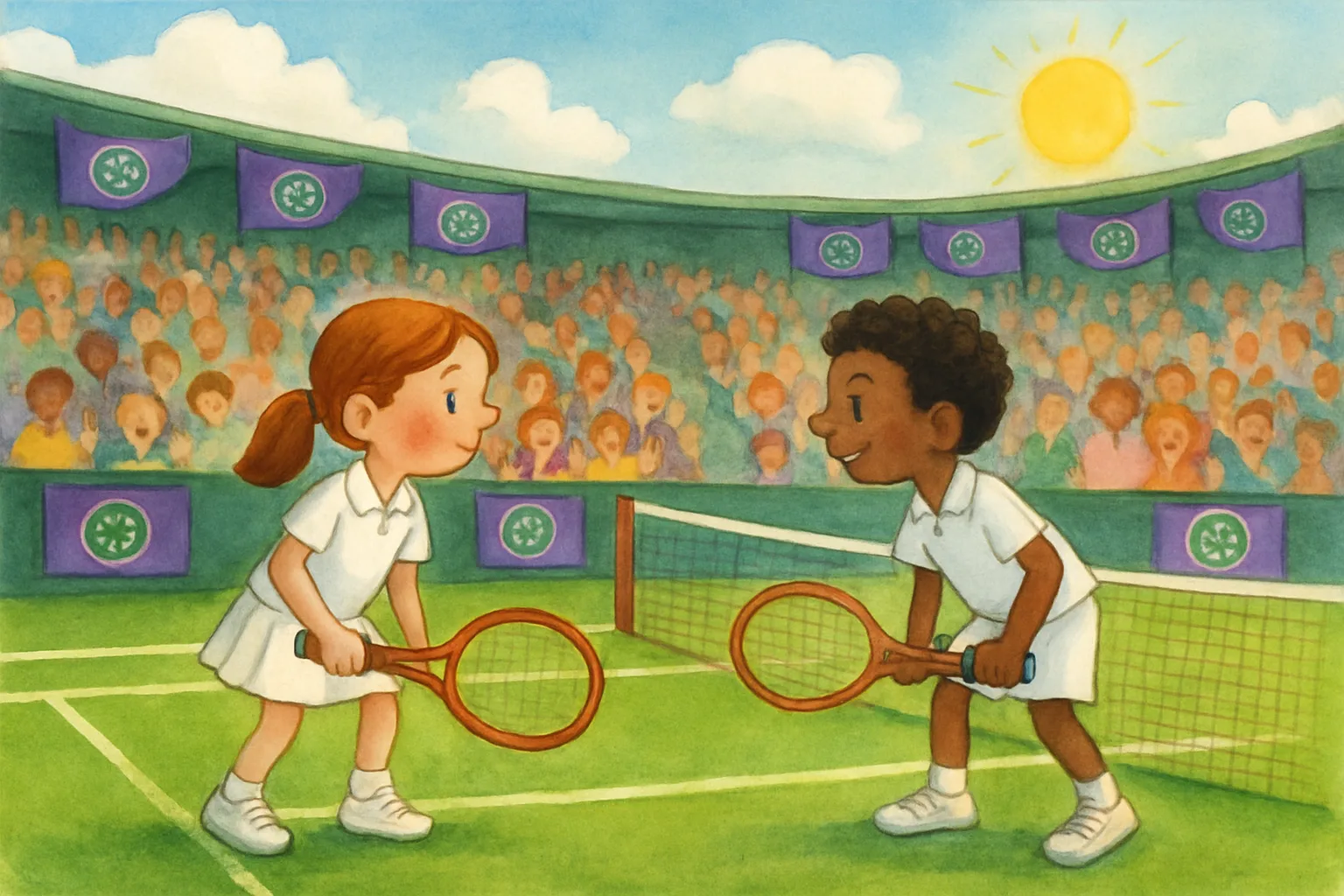 Two tennis players facing each other on the grass courts of Wimbledon