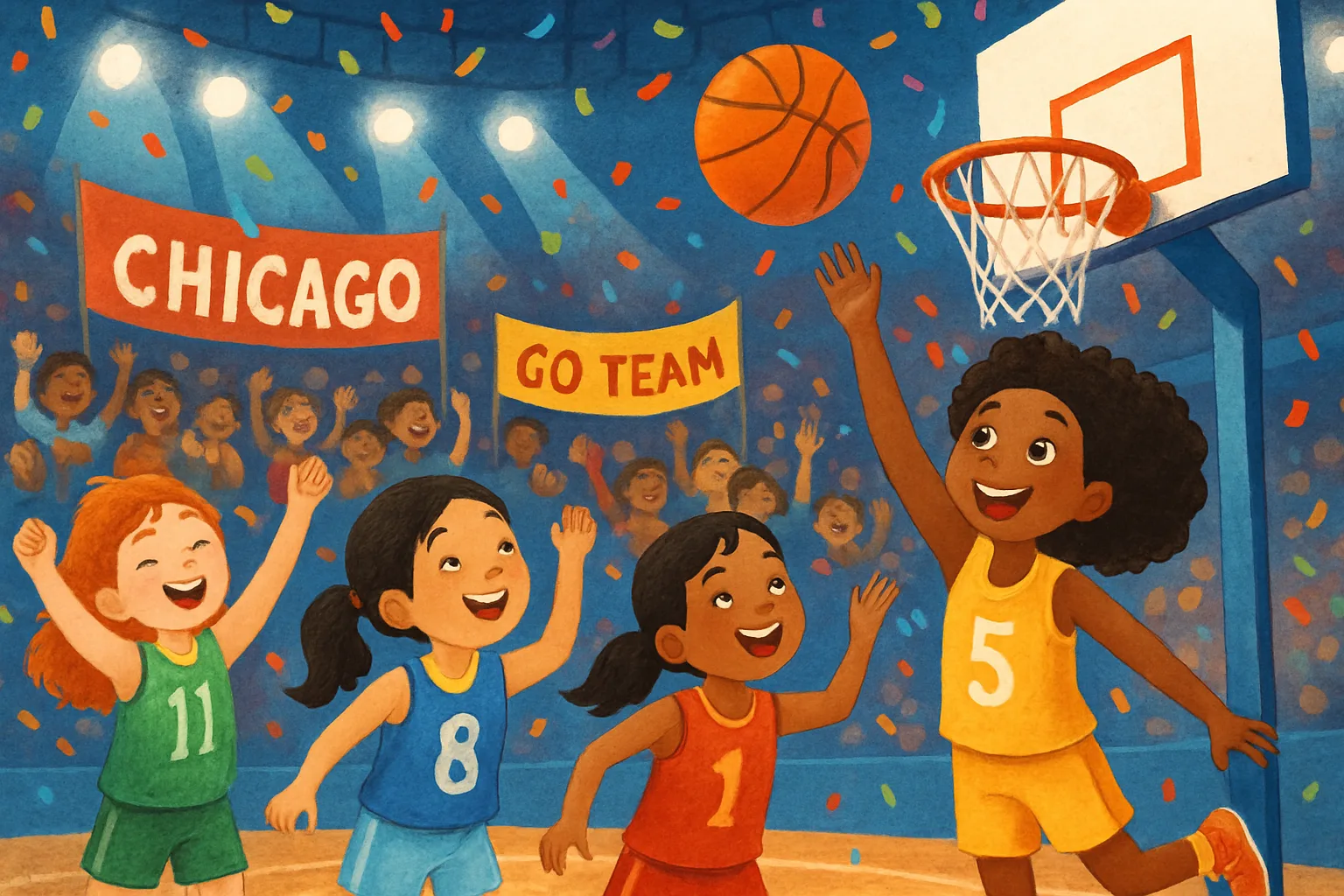 Illustration of WNBA All-Star Weekend in Chicago with players celebrating in a colorful arena full of fans