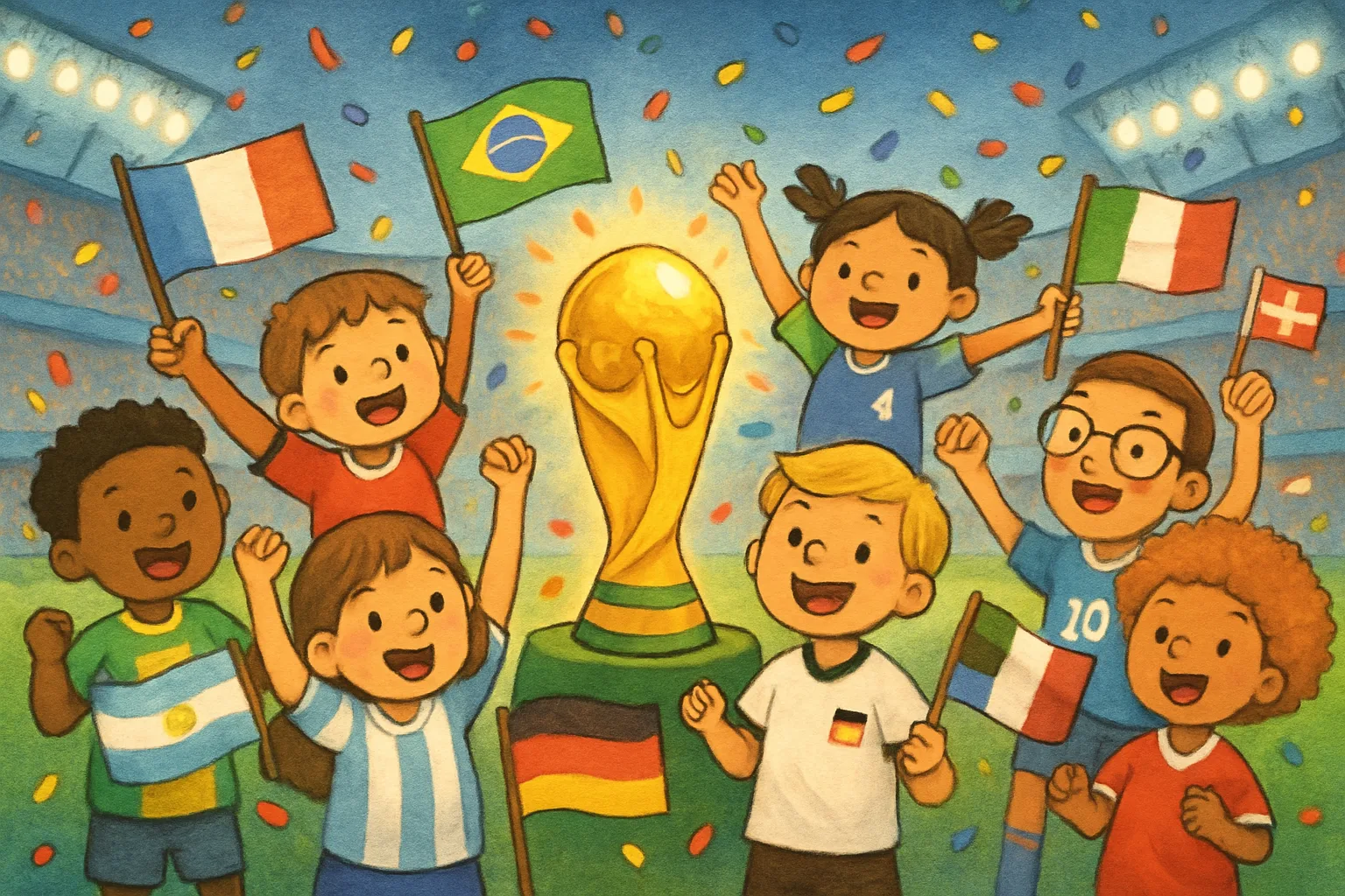 Cartoon soccer fans from many countries cheering around the FIFA World Cup trophy