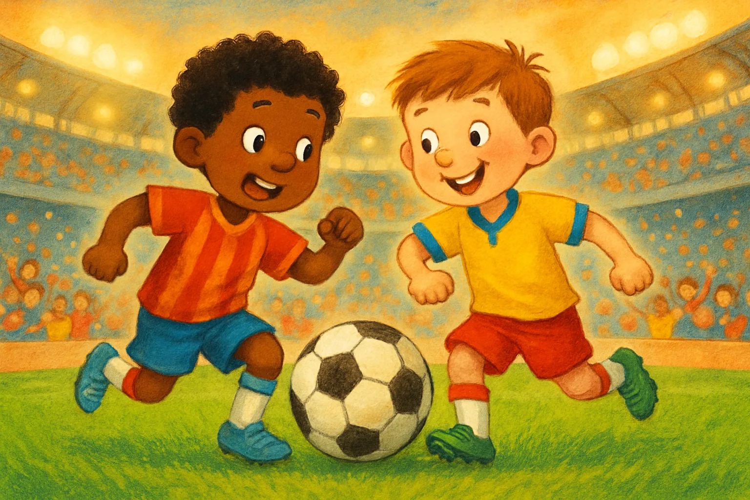 Two soccer players competing on a World Cup field in a packed stadium with cheering fans