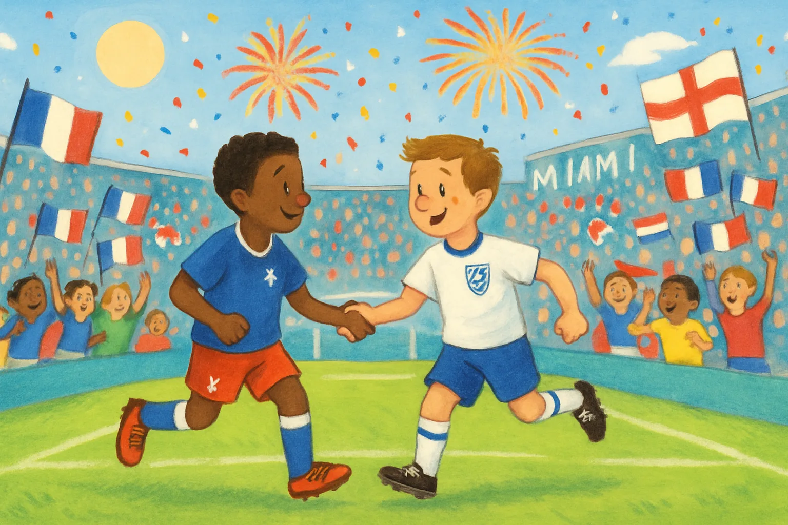 Illustration of French and English soccer players on a colorful soccer pitch in Miami's World Cup stadium with cheering fans