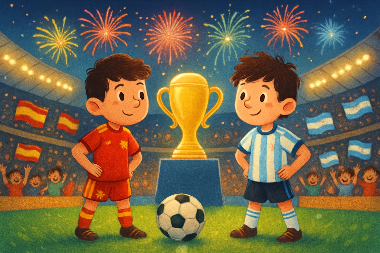 Two soccer players in Spanish and Argentine kits facing off in a stadium full of cheering fans