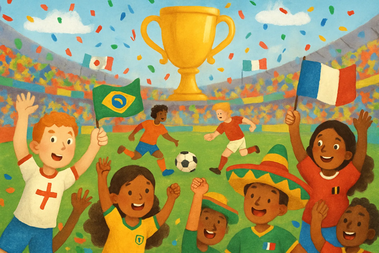 An illustration of colorful soccer fans cheering in a World Cup stadium, with players from different nations competing on the field