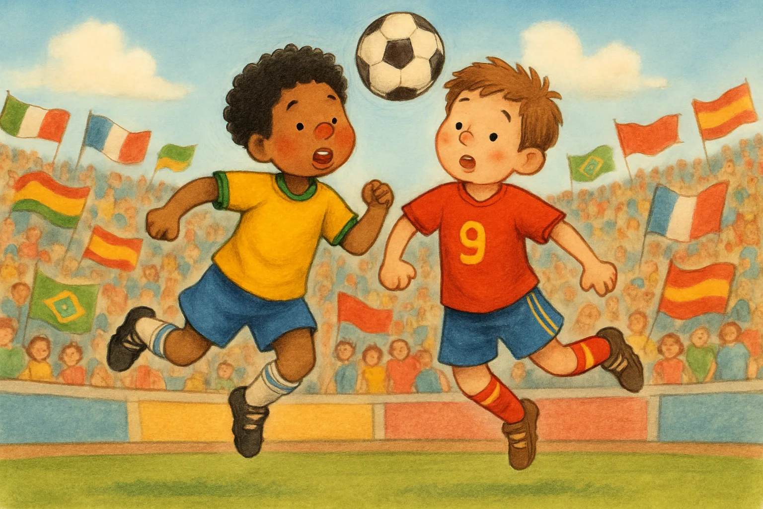Two soccer players jumping for a ball at a packed World Cup stadium with fans waving flags